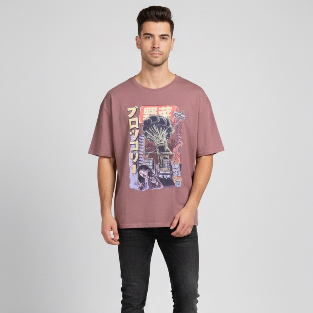 Romwe Broccozilla Graphic Tee Brown XL Japanese Kaiju Broccoli Monster Shirt